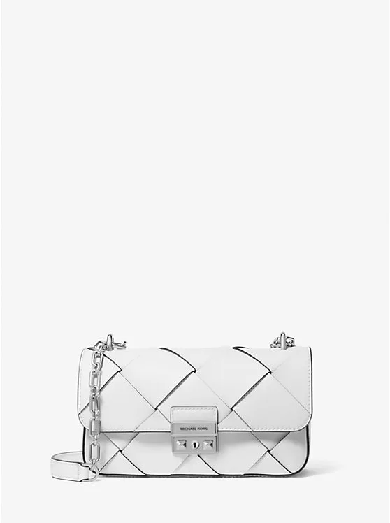 Michael Kors Tribeca Small Woven Optic White Leather Shoulder Bag